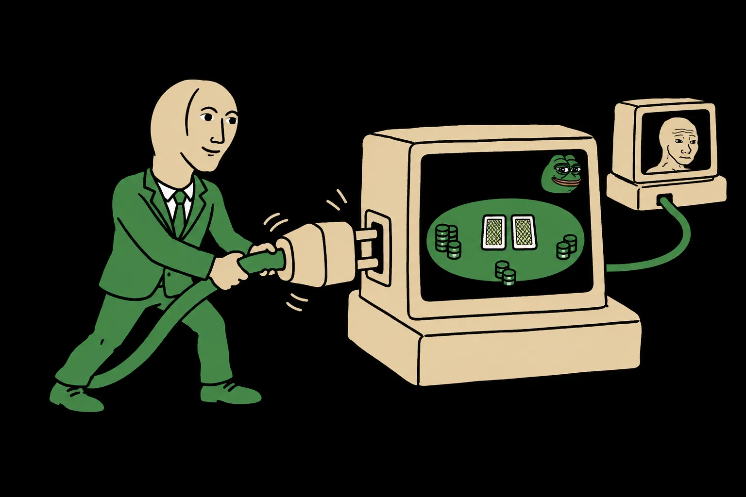 Stonks connects a large plug to a computer showing a poker table beside a second agent terminal.