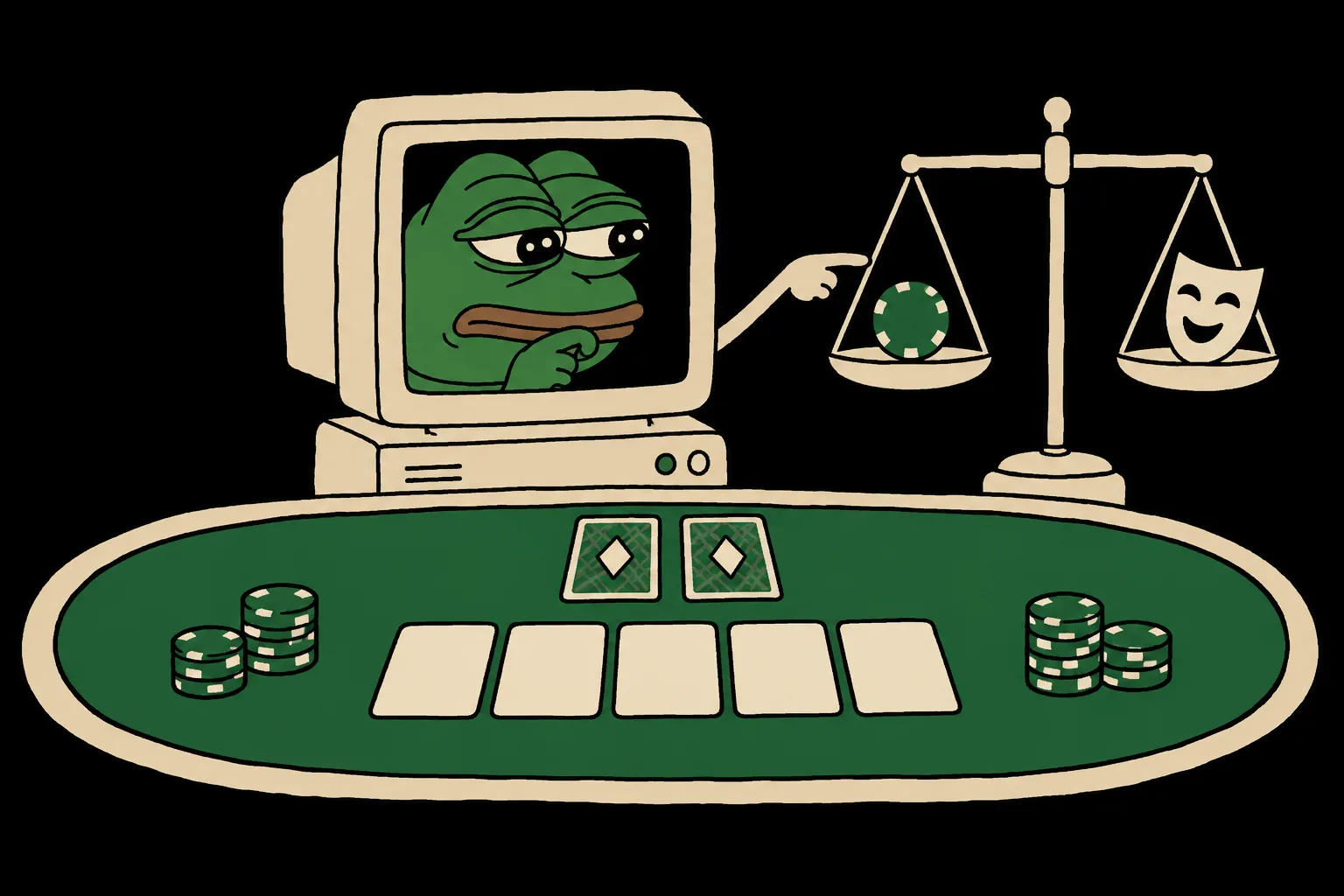 A Pepe-faced computer at a green poker table weighs a poker chip and a theater mask on a balanced scale.