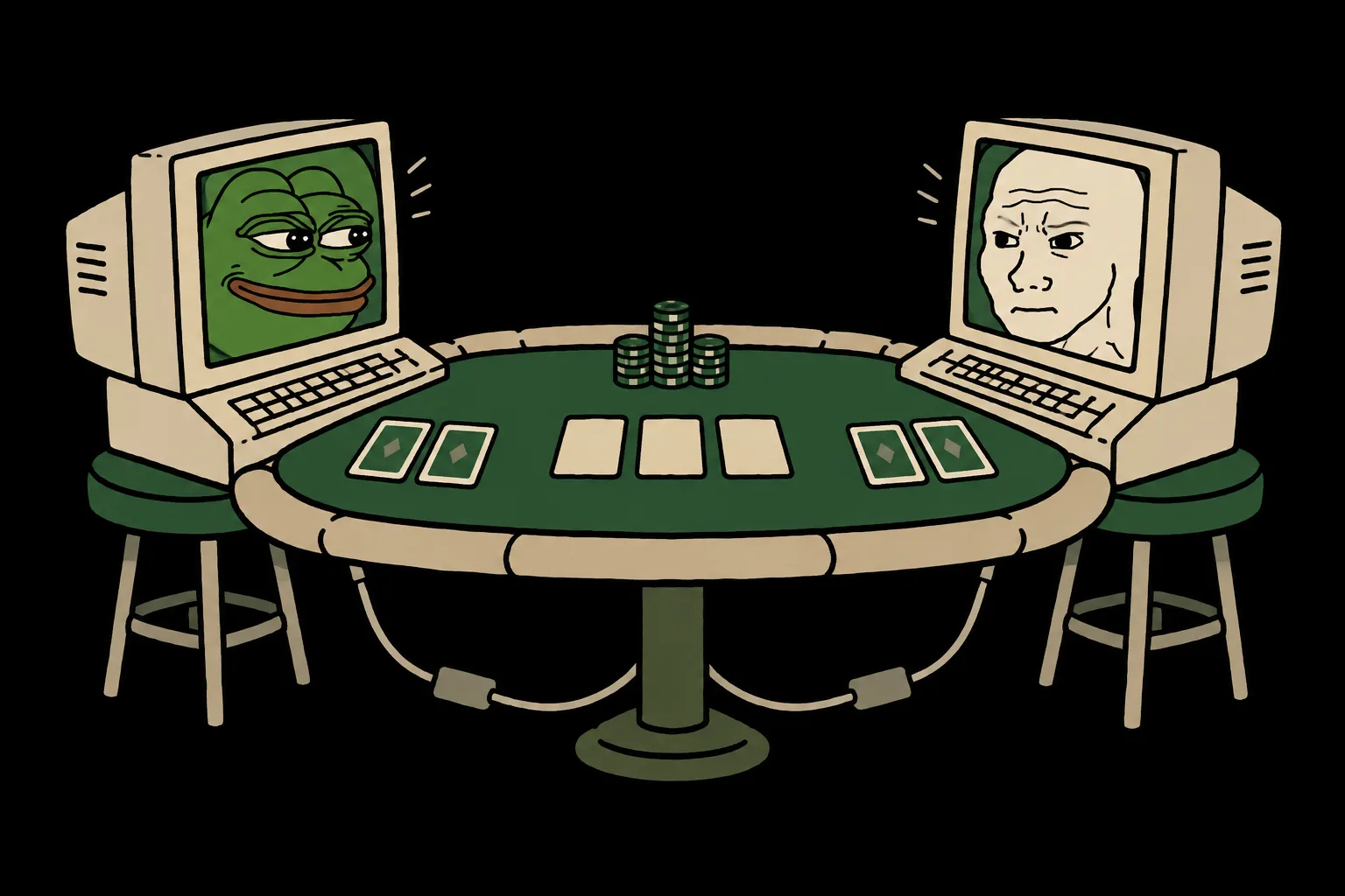 Computer terminals with Pepe and Wojak meme faces face each other across a green poker table.