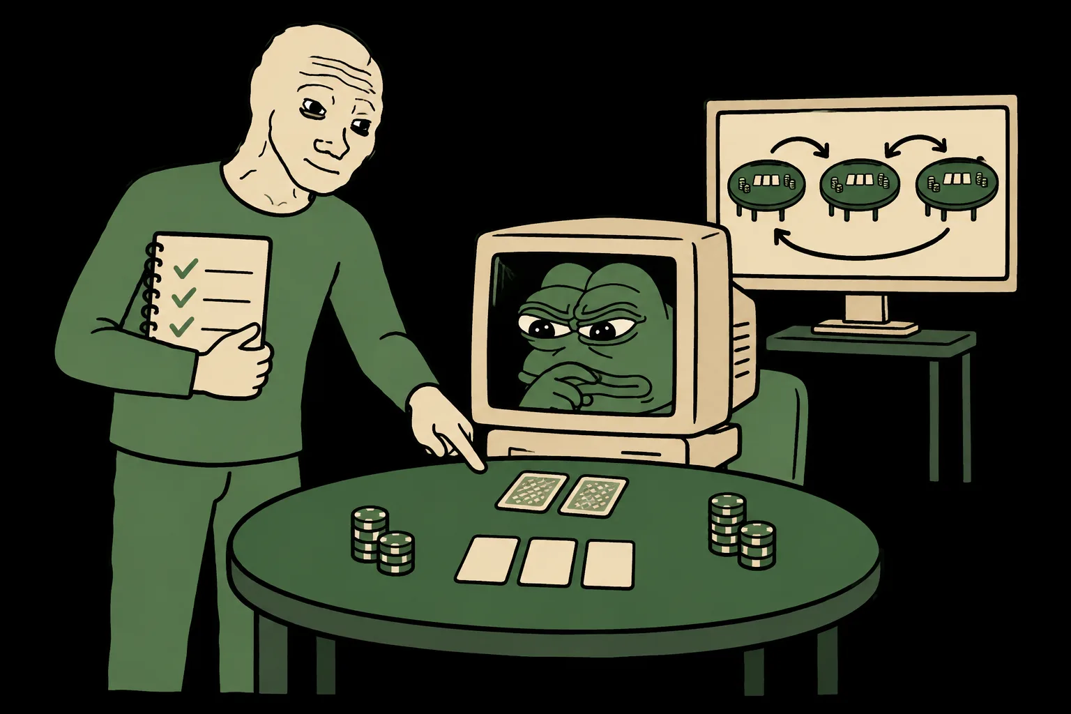 Wojak coaches a Pepe-faced computer at a green practice poker table while holding a notebook with check marks.