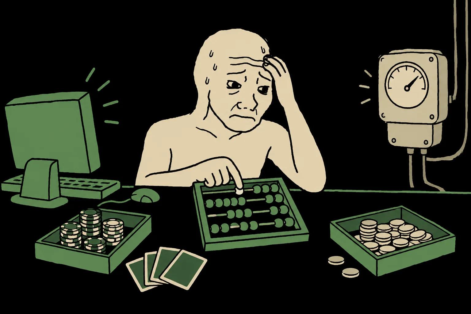 Wojak counts costs with an abacus between a computer and an electricity meter, with chips and coins in separate trays.
