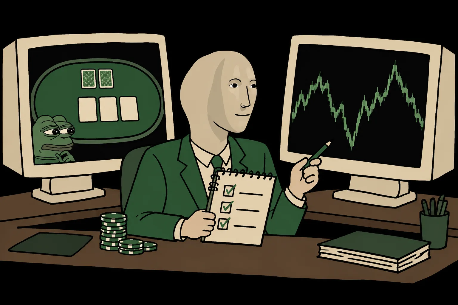 A Stonks meme researcher compares a poker table and a price chart on two monitors while holding a checklist.