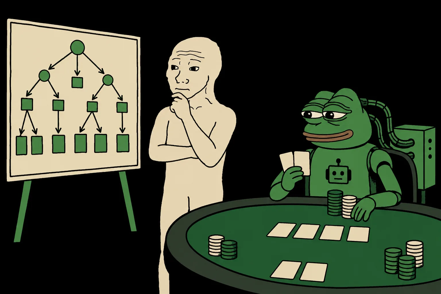 Wojak compares a branching poker strategy diagram with a Pepe computer agent seated at a poker table.