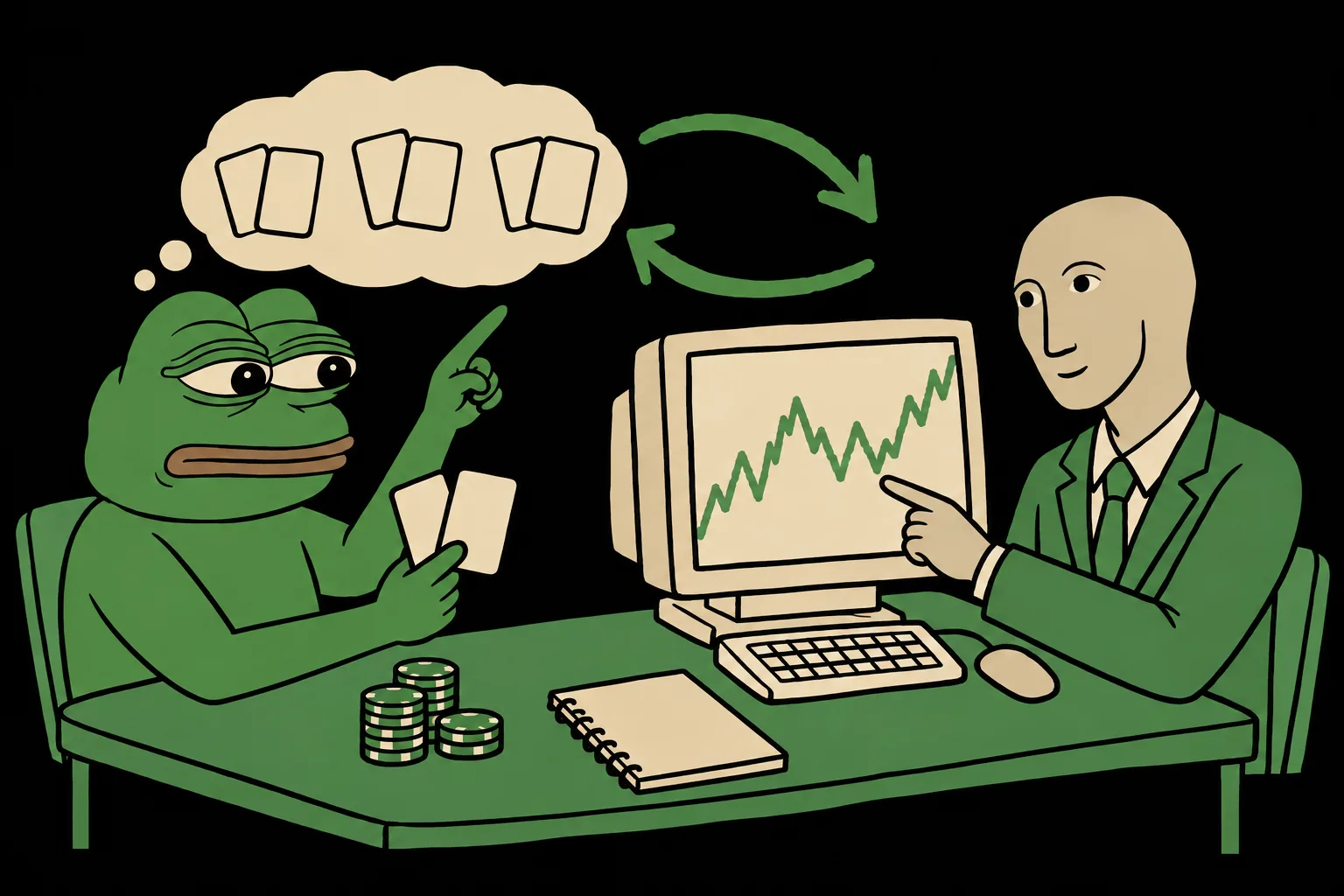 Pepe explains possible poker hands to Stonks, who points at a market chart, with arrows showing lessons flowing both ways.