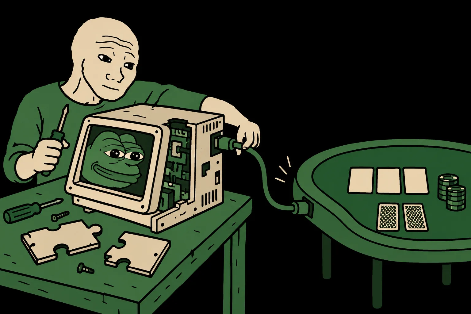 Wojak assembles a Pepe-faced computer and connects it by cable to a green poker table with cards and chips.