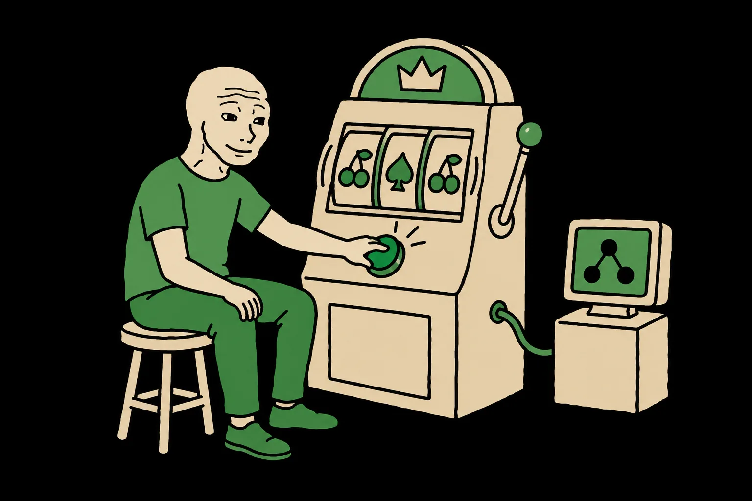 Wojak presses a slot machine button by hand beside a connected computer terminal.