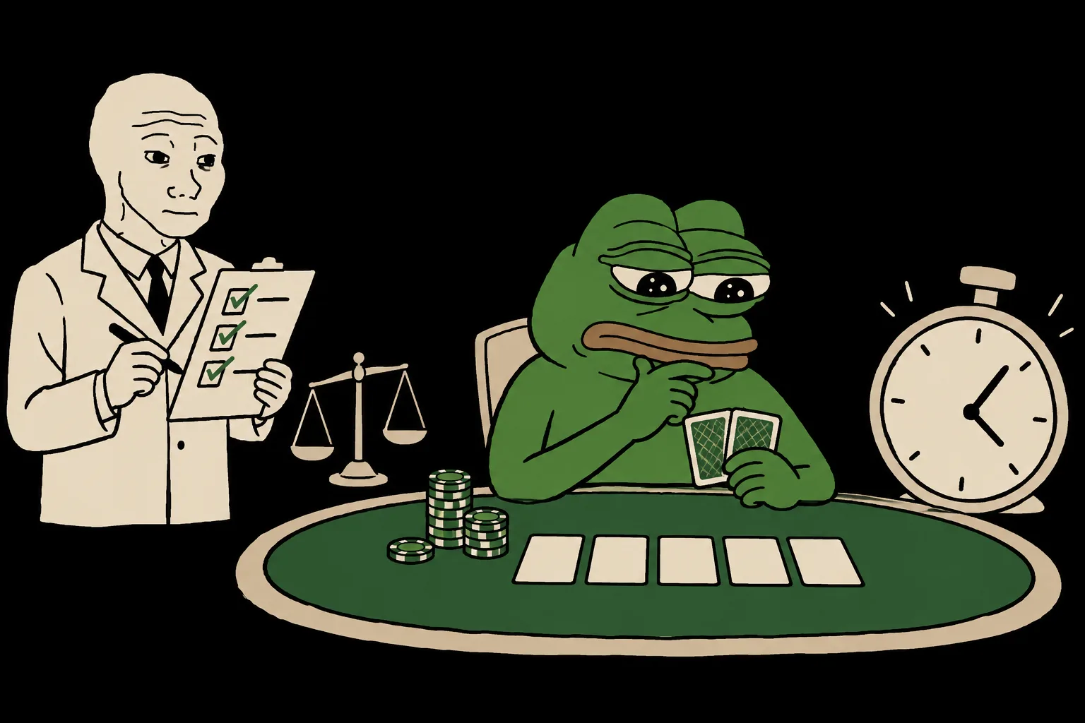 Wojak checks a scorecard beside a stopwatch while a Pepe poker agent considers its cards at a green table.