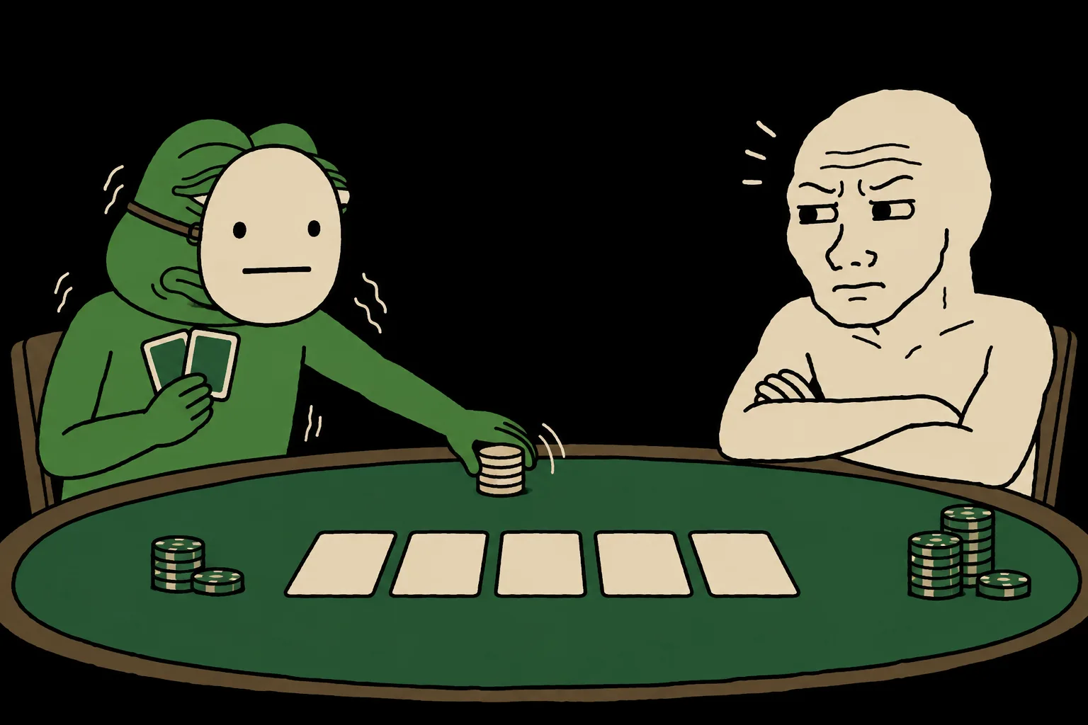Pepe pushes a small stack of chips across a poker table while wearing a neutral mask as Wojak considers the bet.