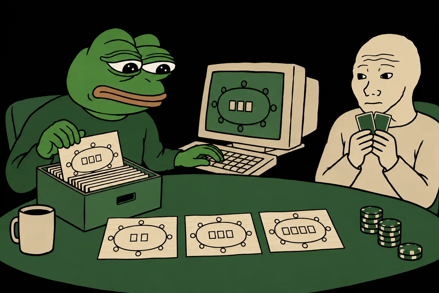 Pepe files poker-hand observations beside a computer while a Wojak opponent keeps two cards hidden.