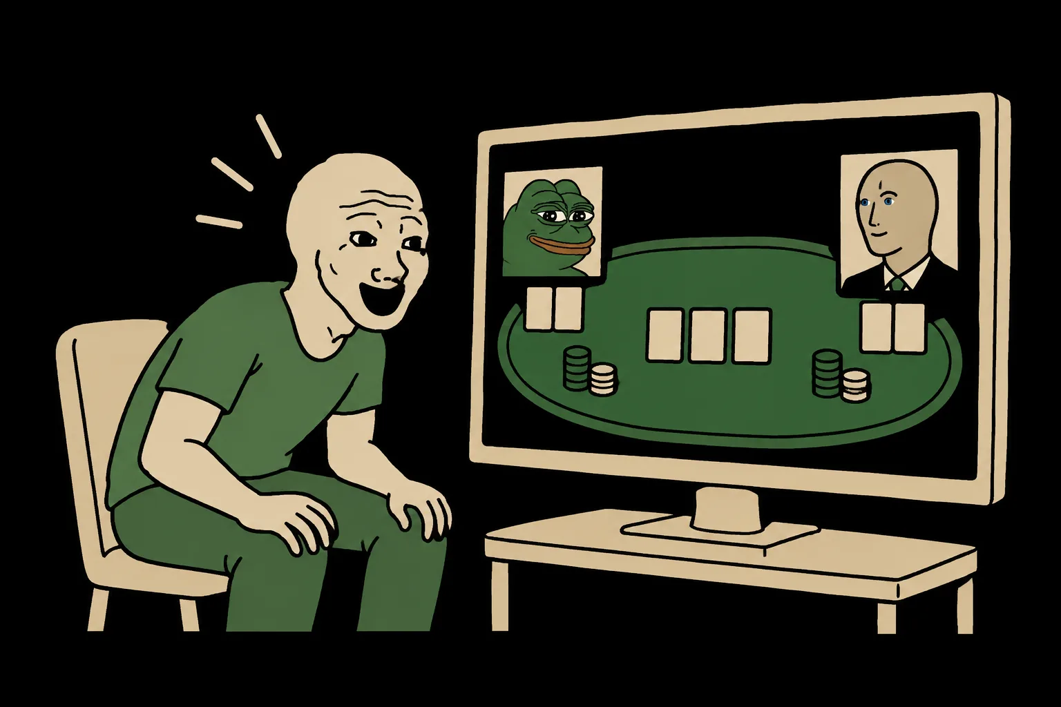 Wojak watches a monitor showing two meme-faced software players at a green poker table, with his hands away from the controls.